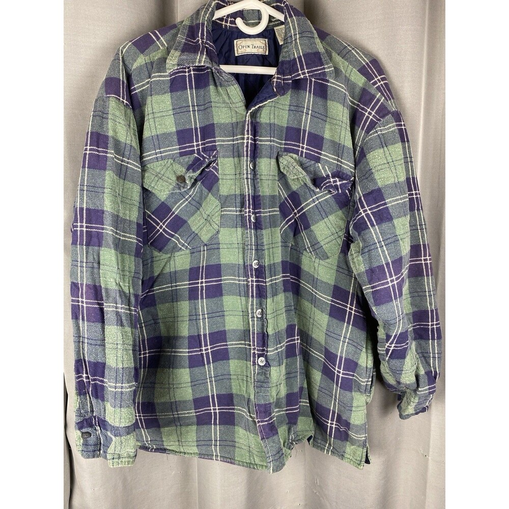 Open Trails Men Sz L Green Plaid Quilted Lined Button Down Shirt Jacket